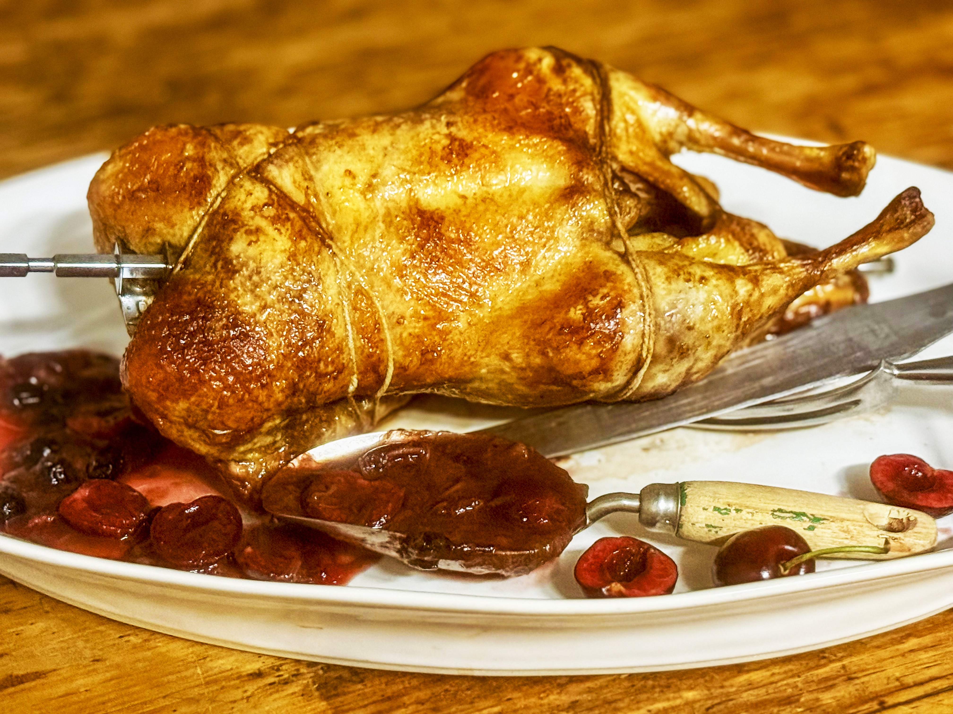 WHAT’S COOKING: Rotisserie duck with rhubarb and cherries