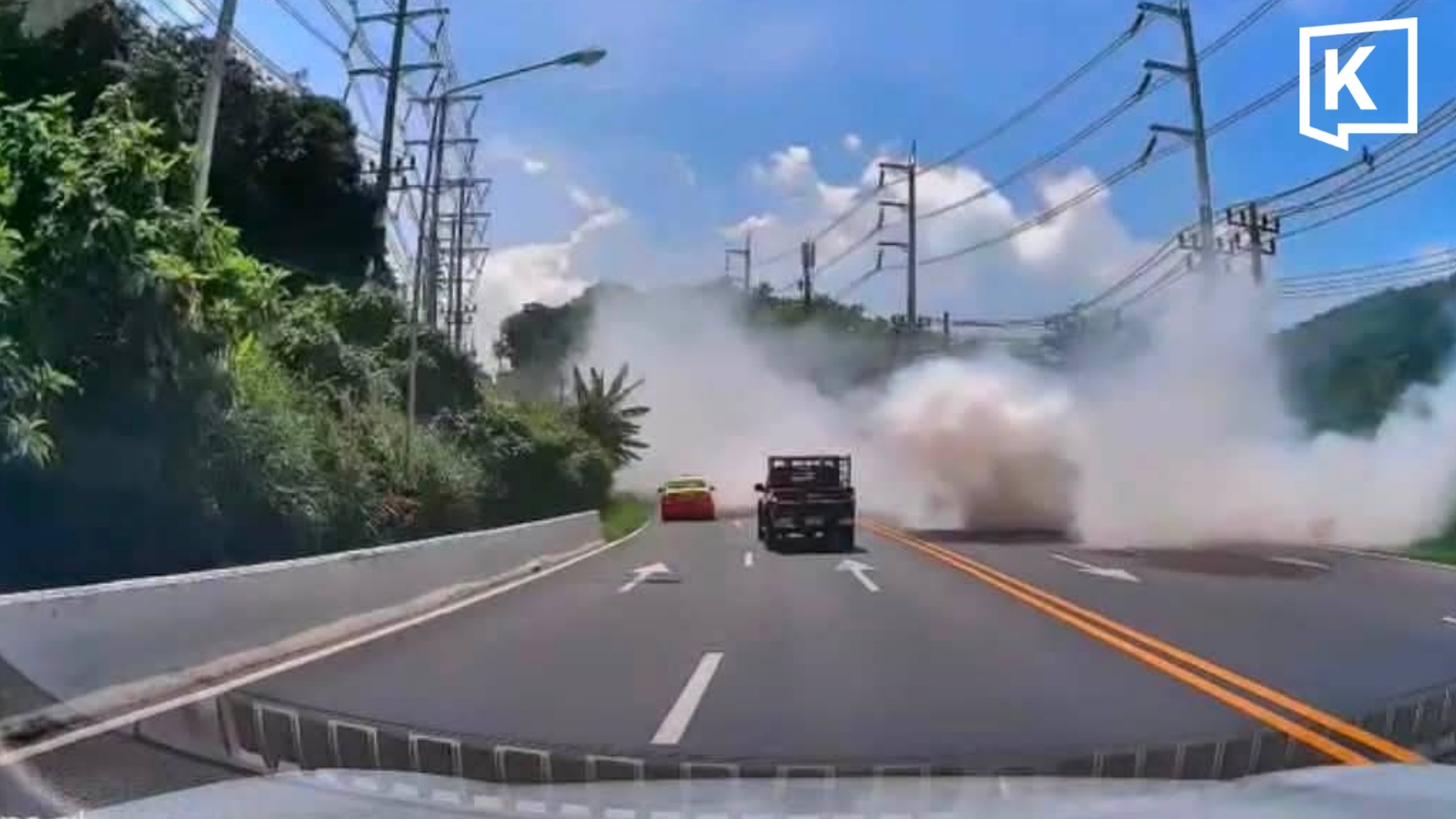 White smoke engulfs Phuket road after pickup truck breaks down