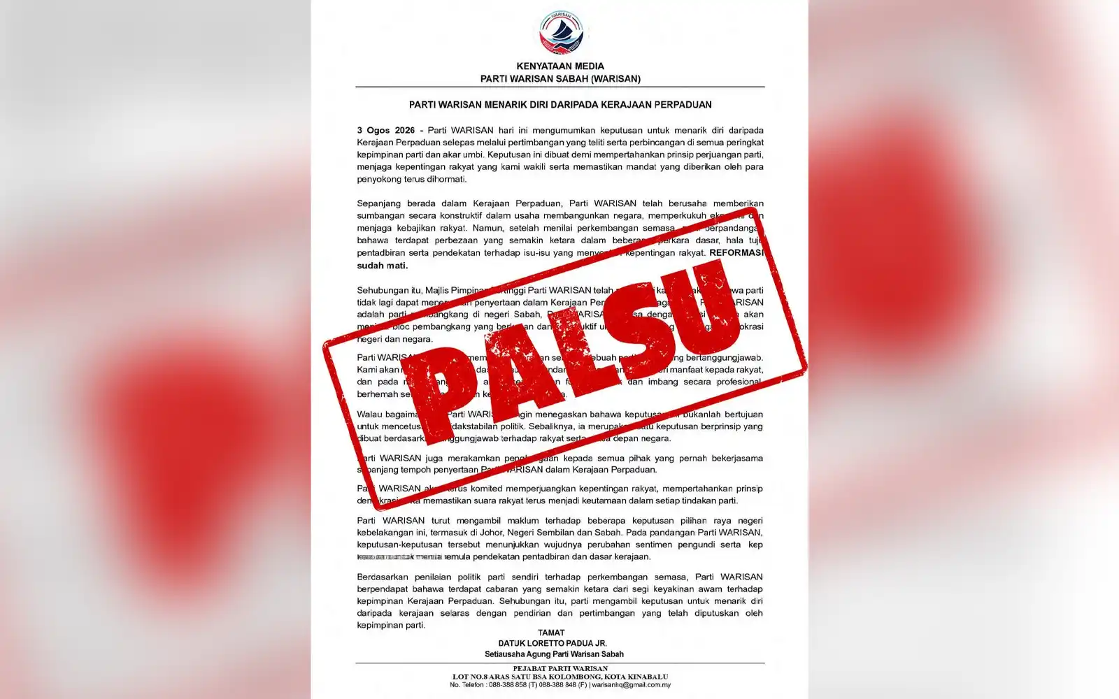Warisan denies withdrawing from unity govt