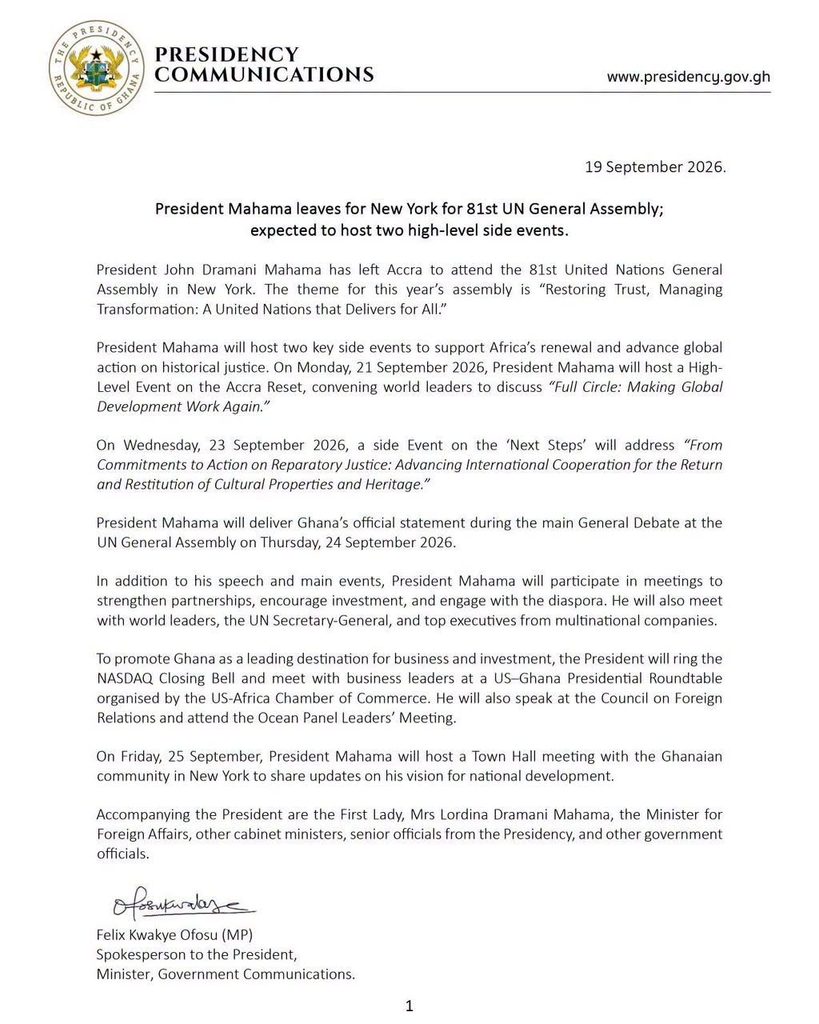 President Mahama leaves for New York to attend 81st UN General Assembly