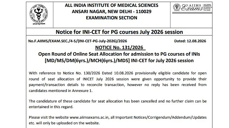 AIIMS INI-CET July 2026: 44 Candidates Removed From Open Round Seat Allocation; Check Details Here