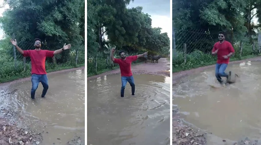 Youth Dances To Bollywood Song ‘Gallan Goodiyaan’ On Pothole-Ridden Road In MP’s Chhatarpur, Highlights Poor Condition Through Gestures | VIDEO