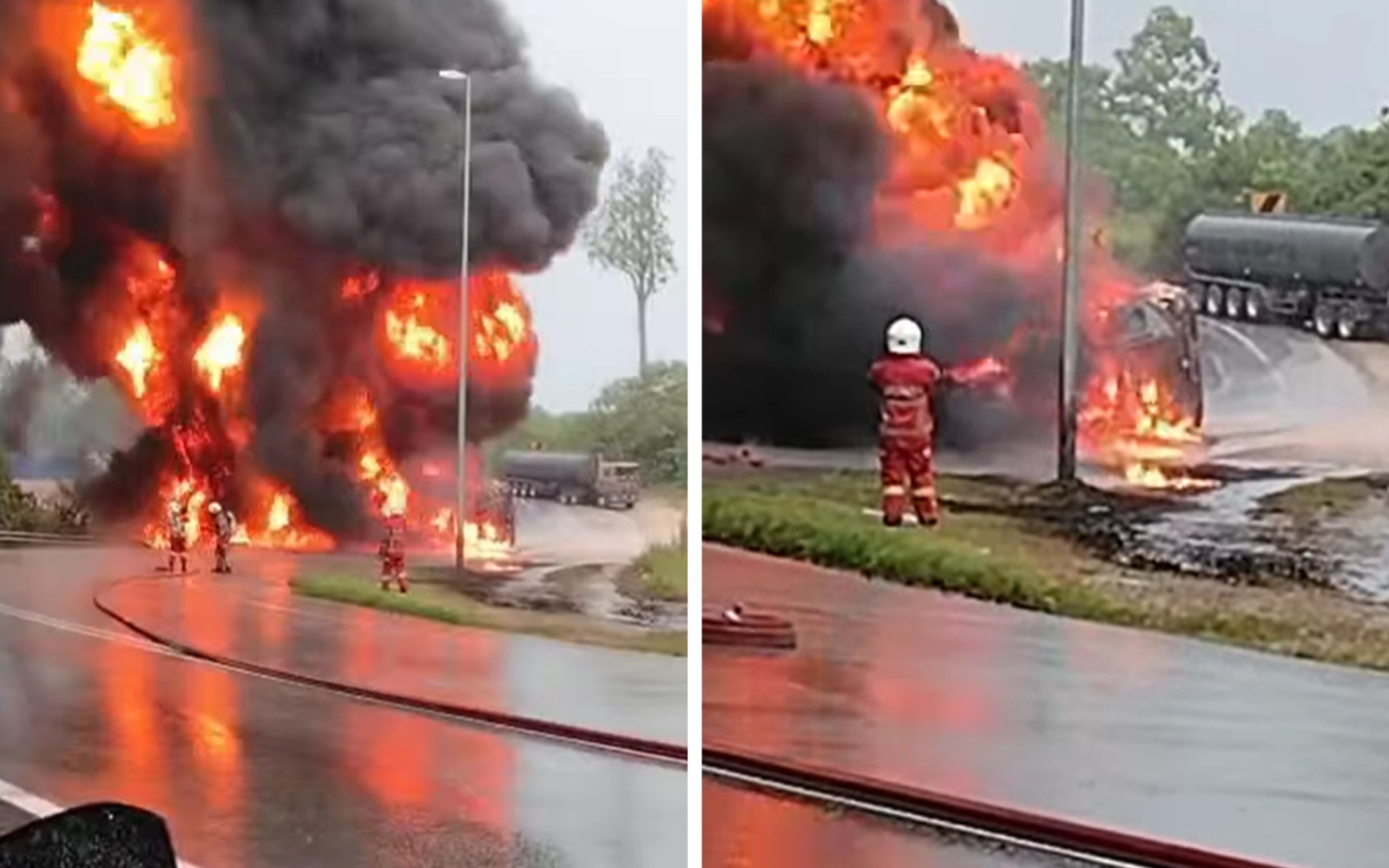 Diesel tanker overturns, crushes car, bursts into flames