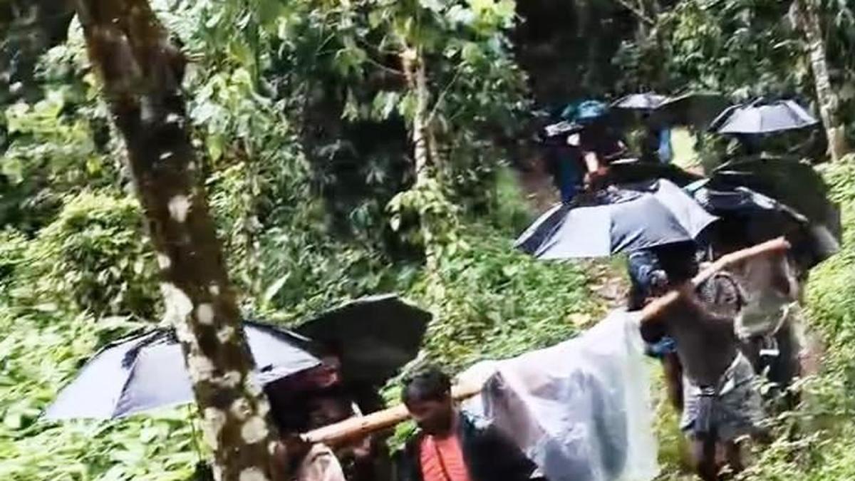 Edamalakkudy residents carry another patient on bamboo stretcher