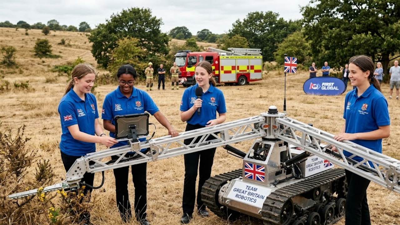 5 British schoolgirls, 14-15, build firebreak robot, represent UK globally
