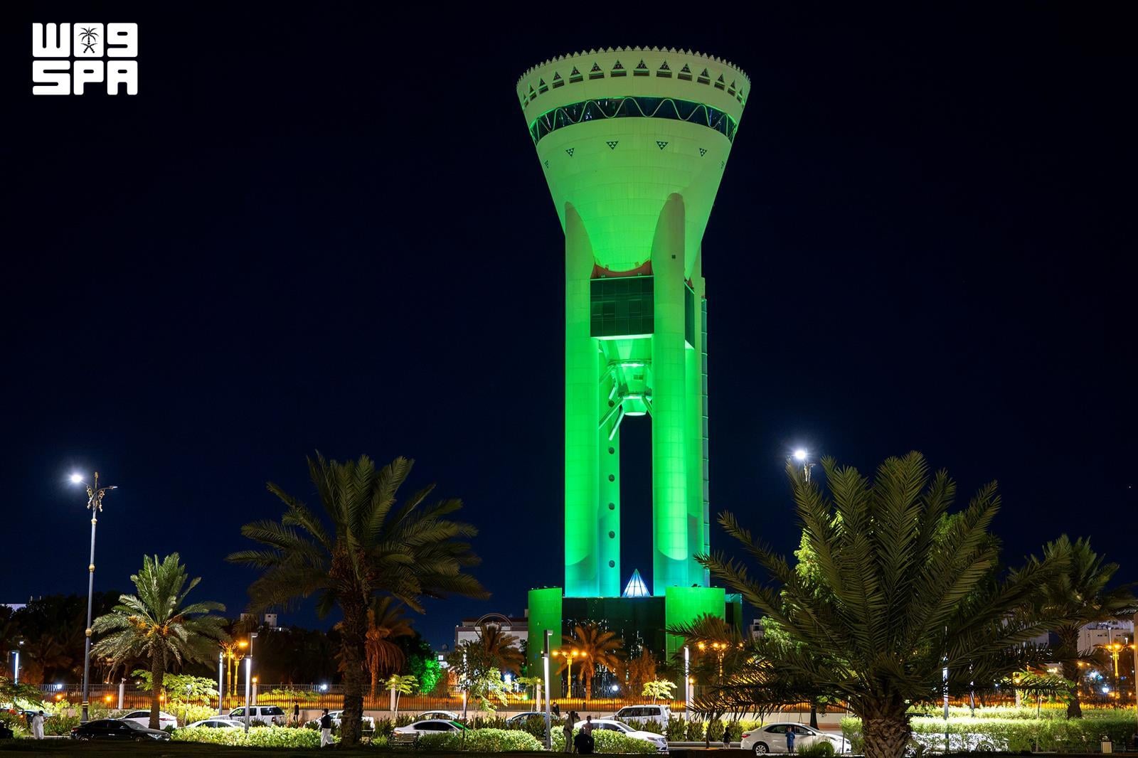 Tabuk landmarks illuminated in green for Saudi National Day