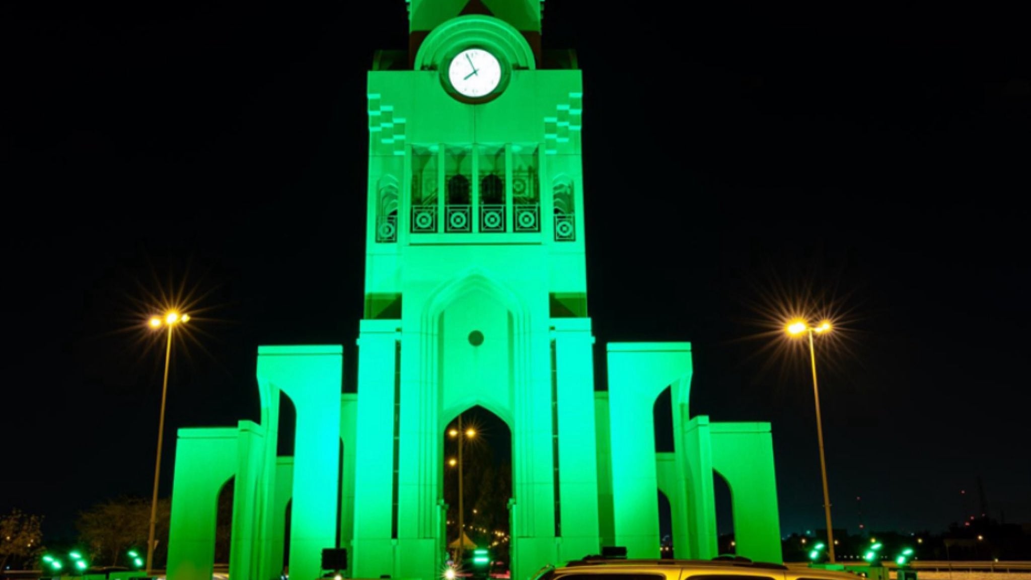 Bahrain landmarks light up green to mark Saudi National Day