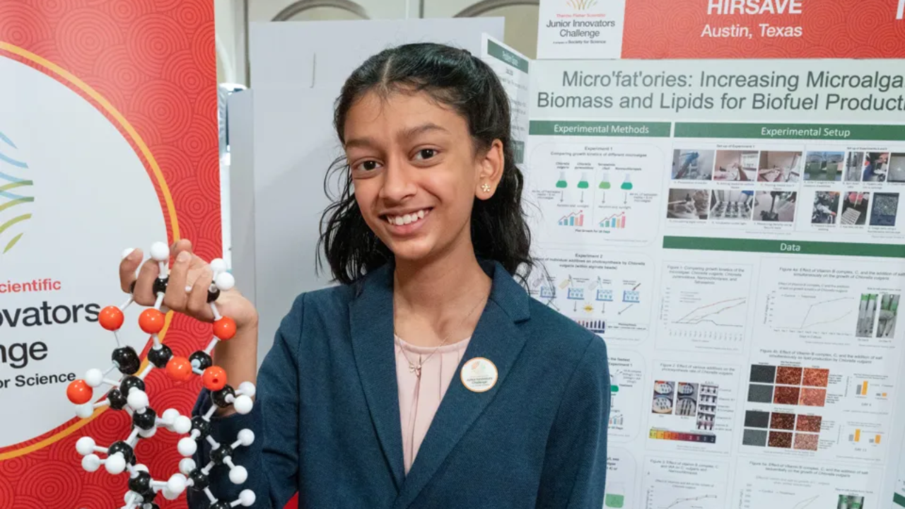 Texas seventh-grader Arya Hirsave helps algae produce 77% more oil in five days